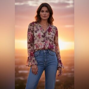 PAIGE Floral Silk Long Sleeve Blouse. Size Small